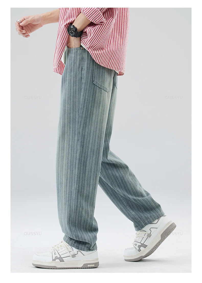 Classic Retro Stripes Men's Jeans Baggy Straight Denim Pants Striped