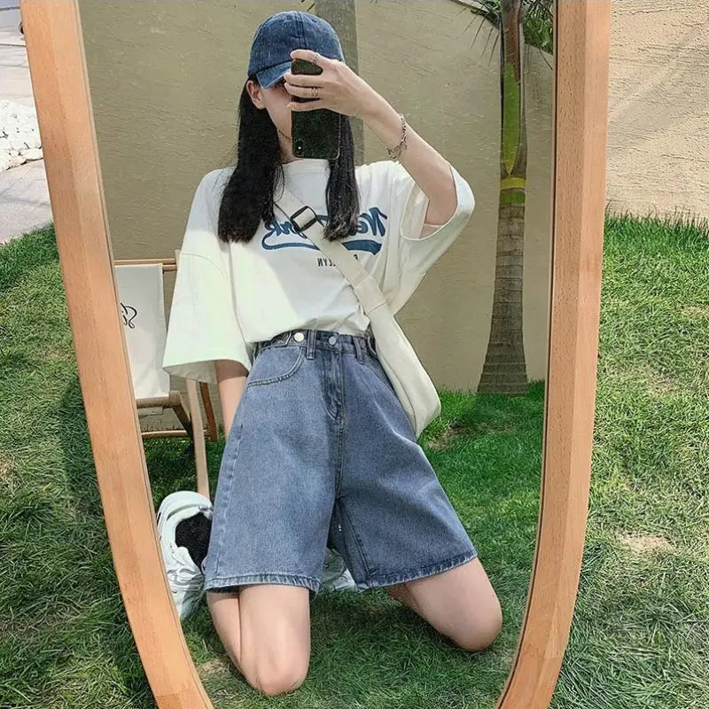 Blue Denim Casual Baggy Wide Jeans Shorts