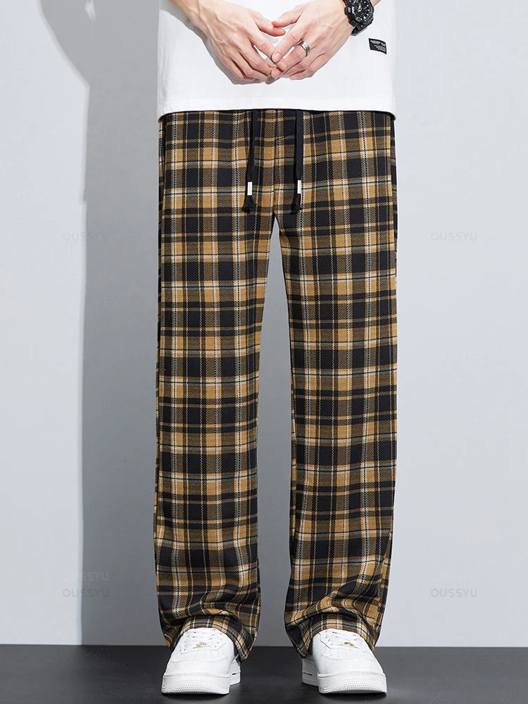 Classics Plaid Casual Pants Loose Straight Wide Leg Elastic Waist Jogger