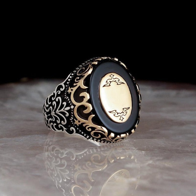 Classic Ring Fashion Metal Gold Color Inlaid Black Stone