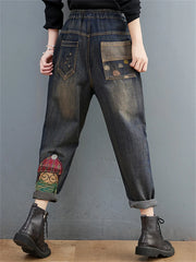 Embroidery Denim Pants For Women Trendy Casual High Waist