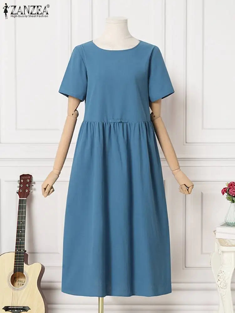 Women Short Sleeve Vintage Cotton Dress Solid Midi Casual Fashion