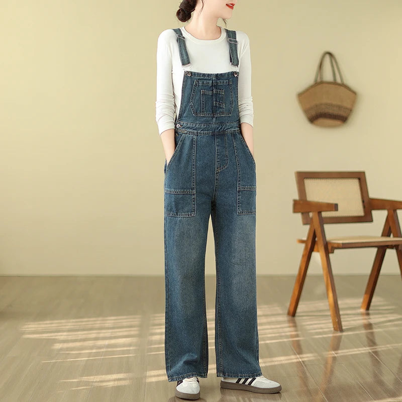 Women's Denim Jumpsuit Fashion Style Loose Casual Multi Pocket