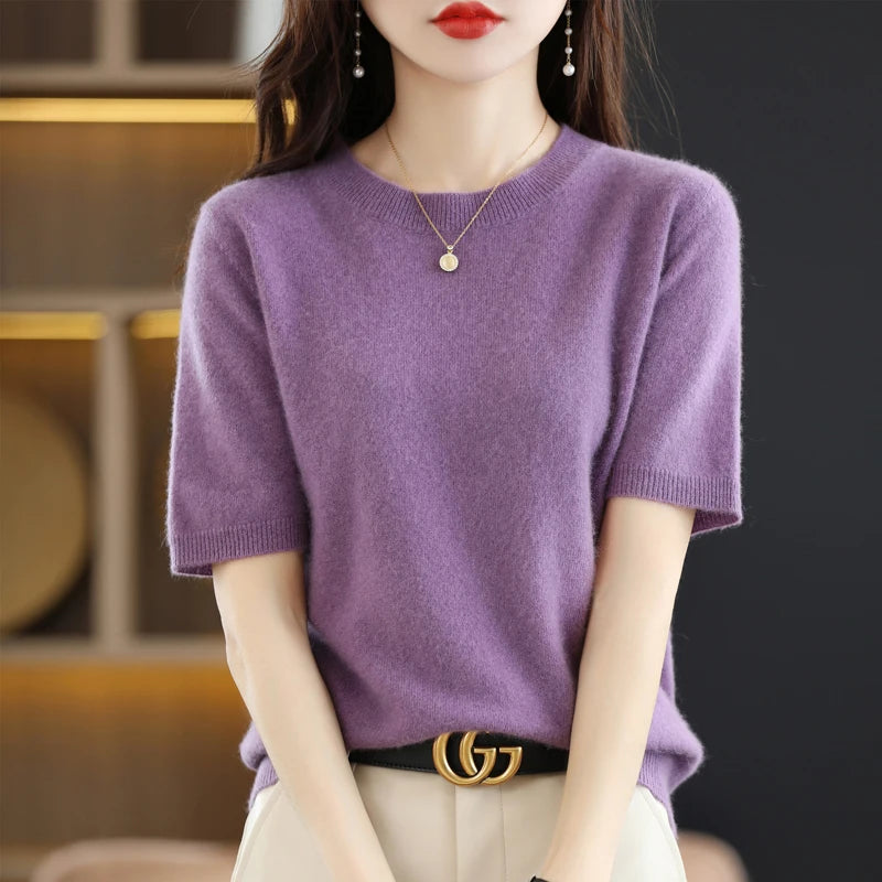 Short-sleeved Knitwear O-neck T-shirt Pullover Tops Sweater