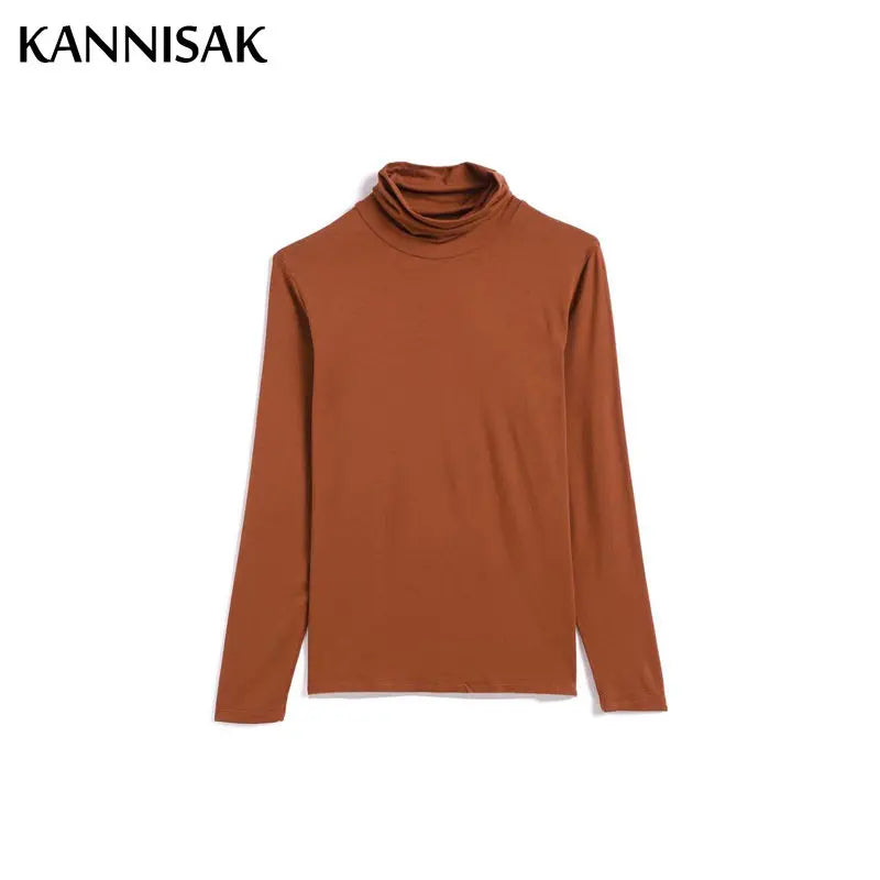 Women T-shirt Turtleneck Casual Slim High Solid Top