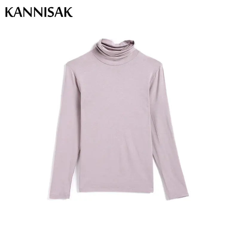 Women T-shirt Turtleneck Casual Slim High Solid Top