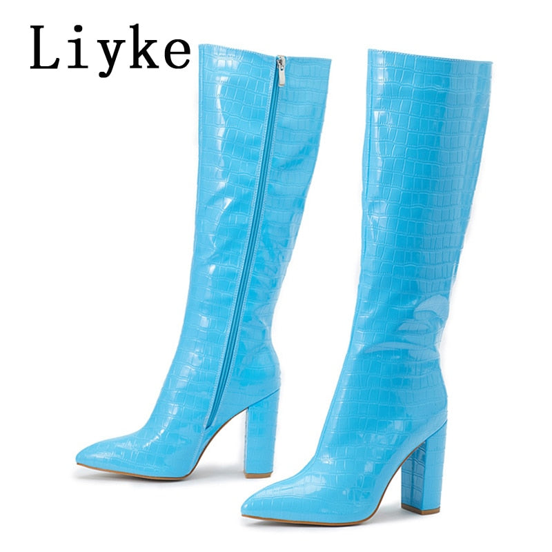 Pointed Toe Zip Knee High Boots Fashion Print Square Heels