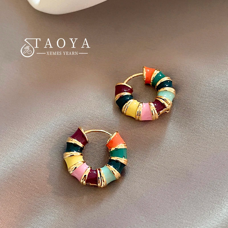 Retro Color Enamel Round Gold Color Ear Buckle Hoop Earrings