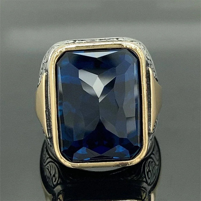 Square Geometry Grave Color Blue Stone Rings for Men Jewelry