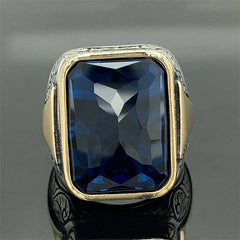 Square Geometry Grave Color Blue Stone Rings for Men Jewelry