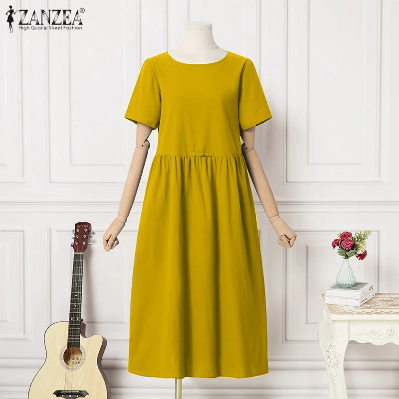 Women Short Sleeve Vintage Cotton Dress Solid Midi Casual Fashion