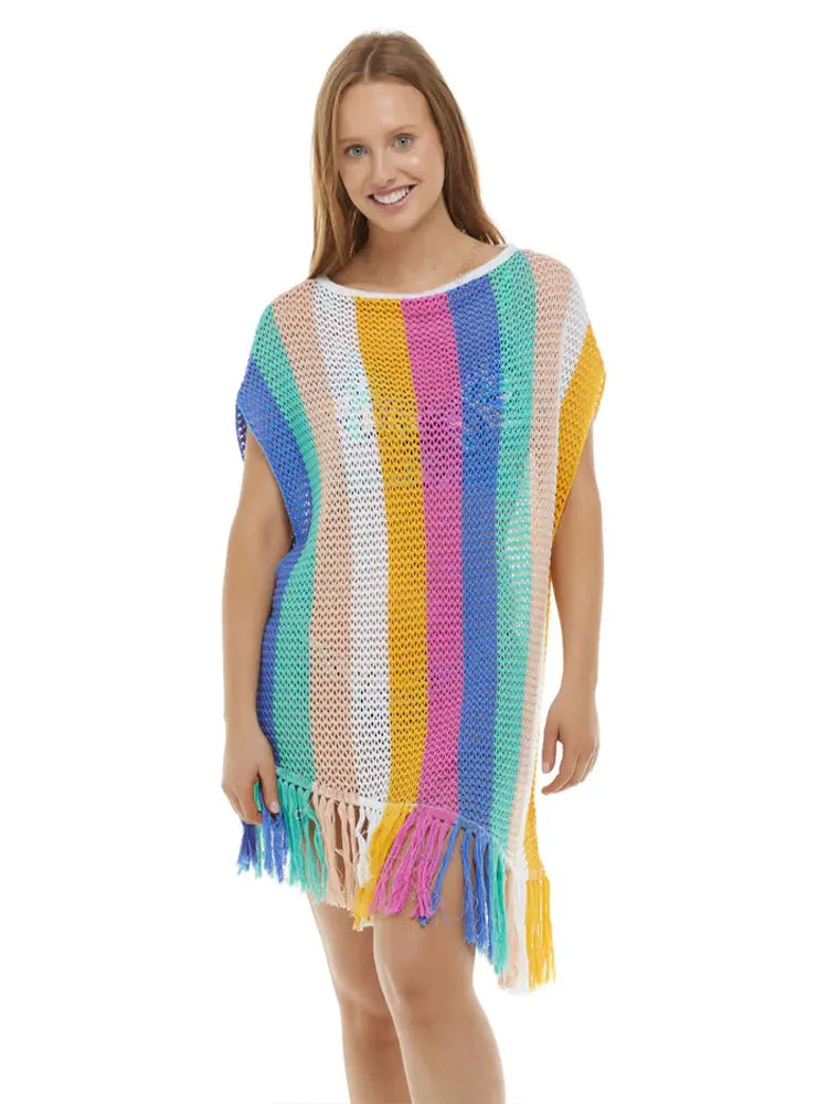 Stripe Tassel Casual Short Sleeve Knitting Bikini Cover-ups