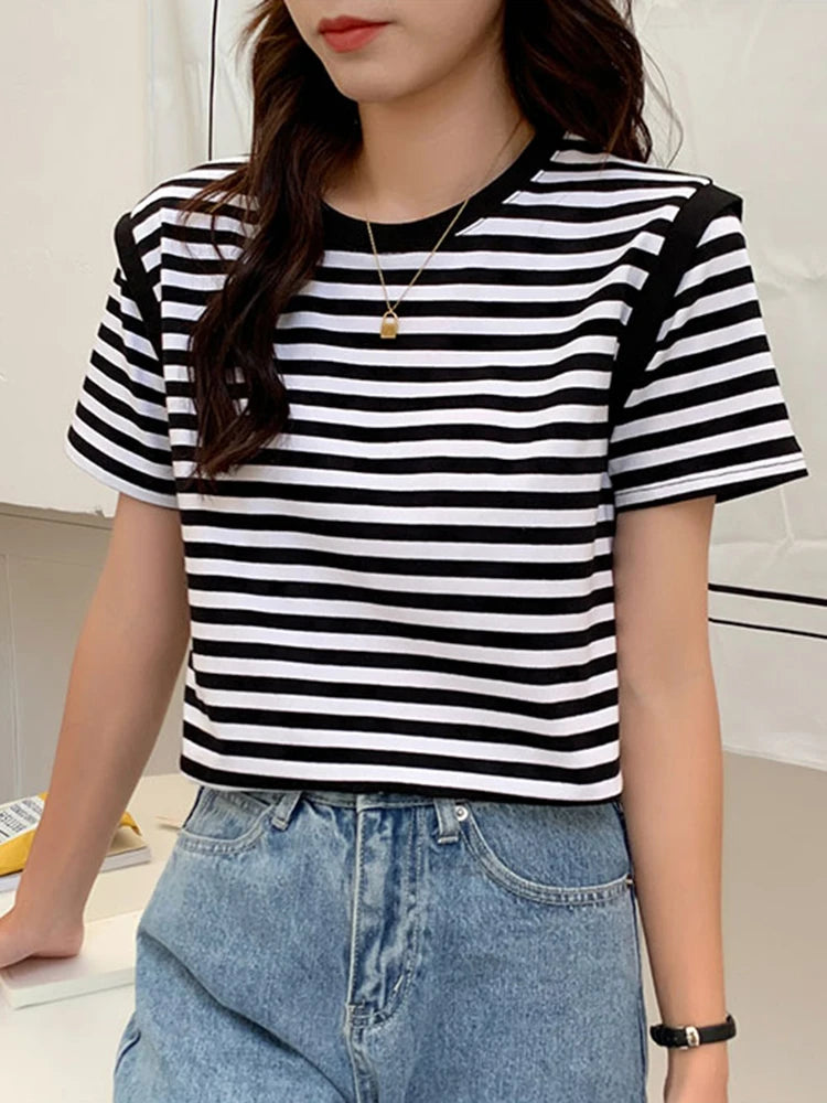 Striped T-shirts Women Top Tee Summer Cotton Short Sleeve Casual