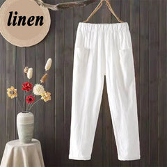 Summer Cotton Linen Pants Solid Color Elastic Waist Pocket Trousers