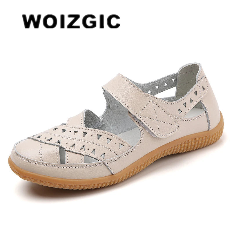 Women Genuine Leather Hollow White Shoes Sandals Flats Loafers