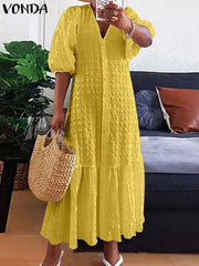 Summer Casual Solid Color Robe V Neck Puff Sleeve Stylish Maxi Sundress