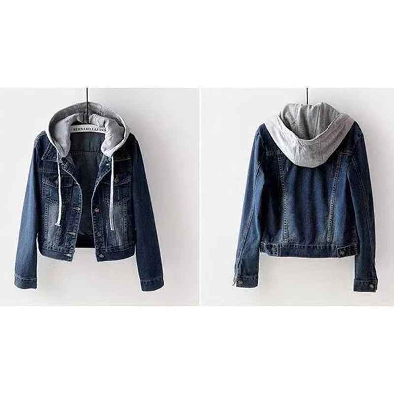 Denim Jacket Woman Hooded Short Style Clothing Retro Long Sleeved