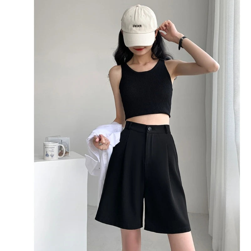 Summer Suit Shorts Women Casual Loose Wide-leg High Waist