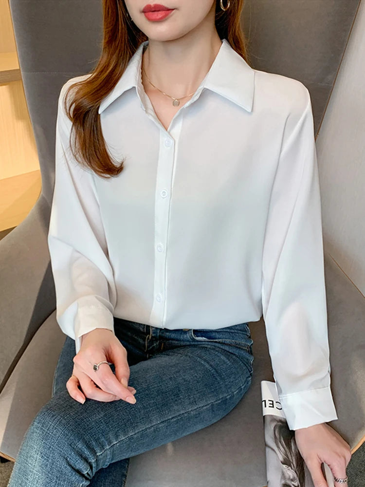 Minimalist Long Sleeve Satin Blouses Shirt Style Solid