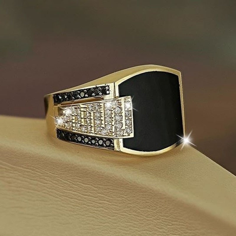 Classic Ring Fashion Metal Gold Color Inlaid Black Stone