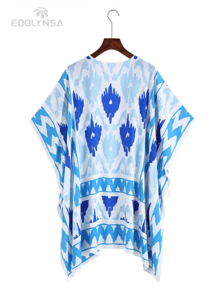 Blue Boho Printed Bikini Cover-ups Ankle Length Kimono