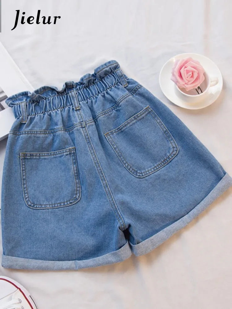 Denim Harem Ruffled White Blue High Waisted Shorts