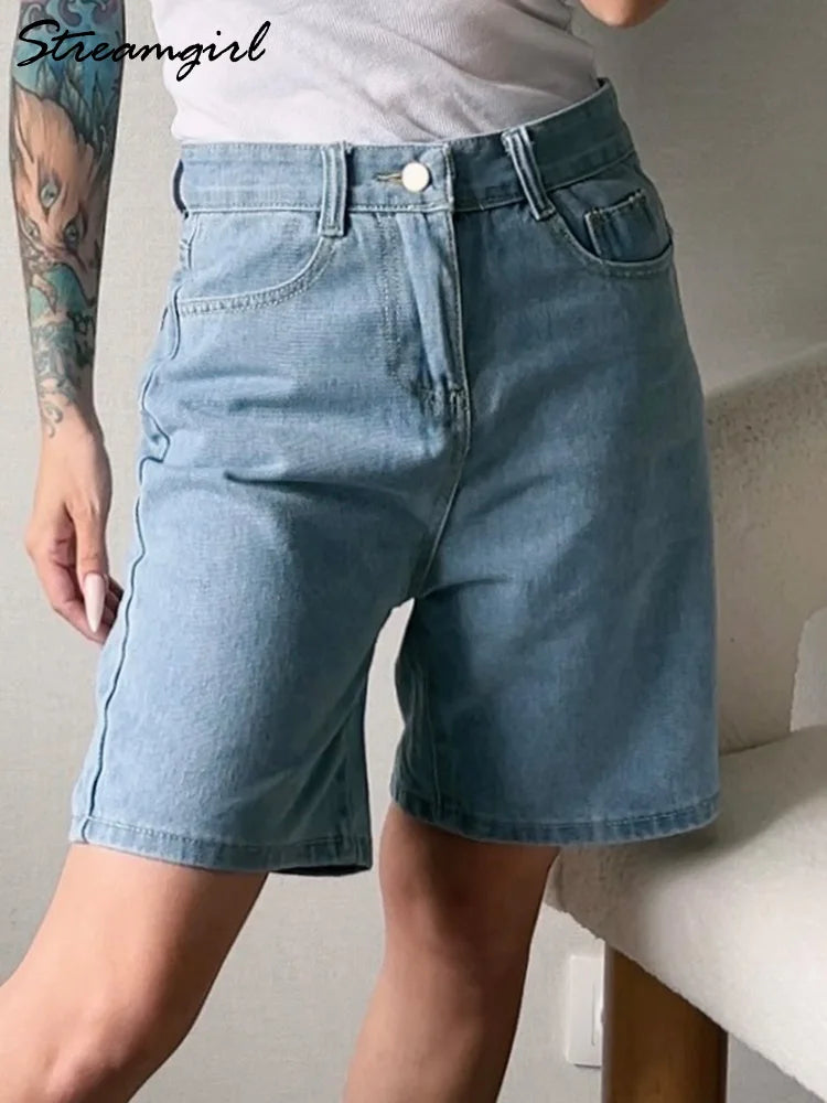 High Waist Long Denim Shorts Streetwear