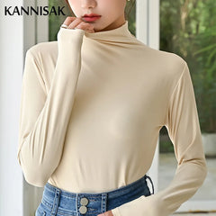 Long Sleeve Turtleneck T-shirts Solid Velvet Casual Tops