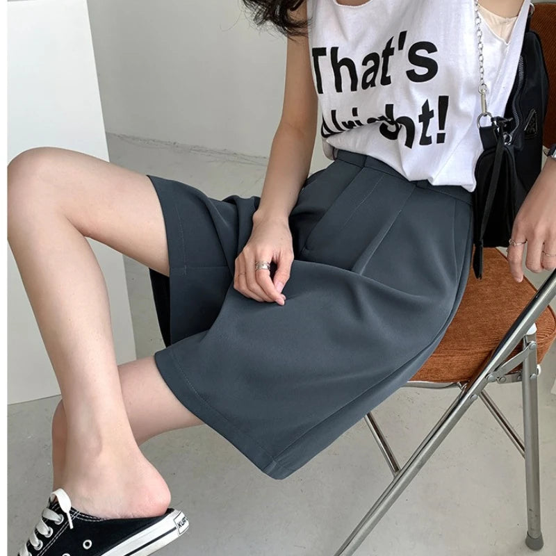 Summer Suit Shorts Women Casual Loose Wide-leg High Waist