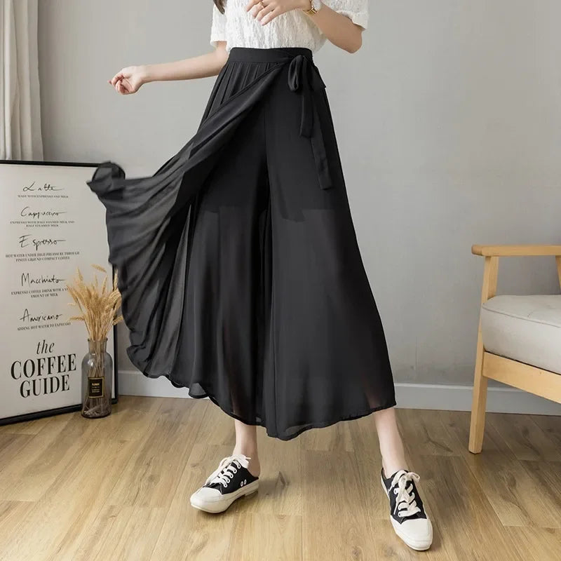 Style Women Pleated Chiffon Trousers High Waist Pants