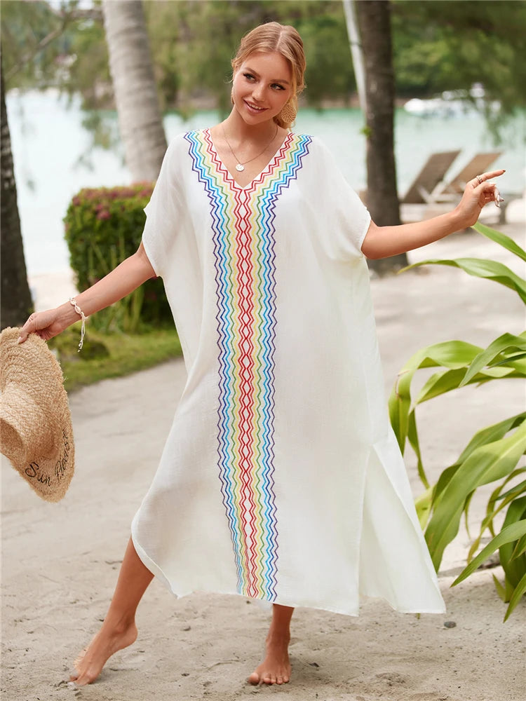 Embroidered Kaftan Retro V-neck White Dress Plus Size