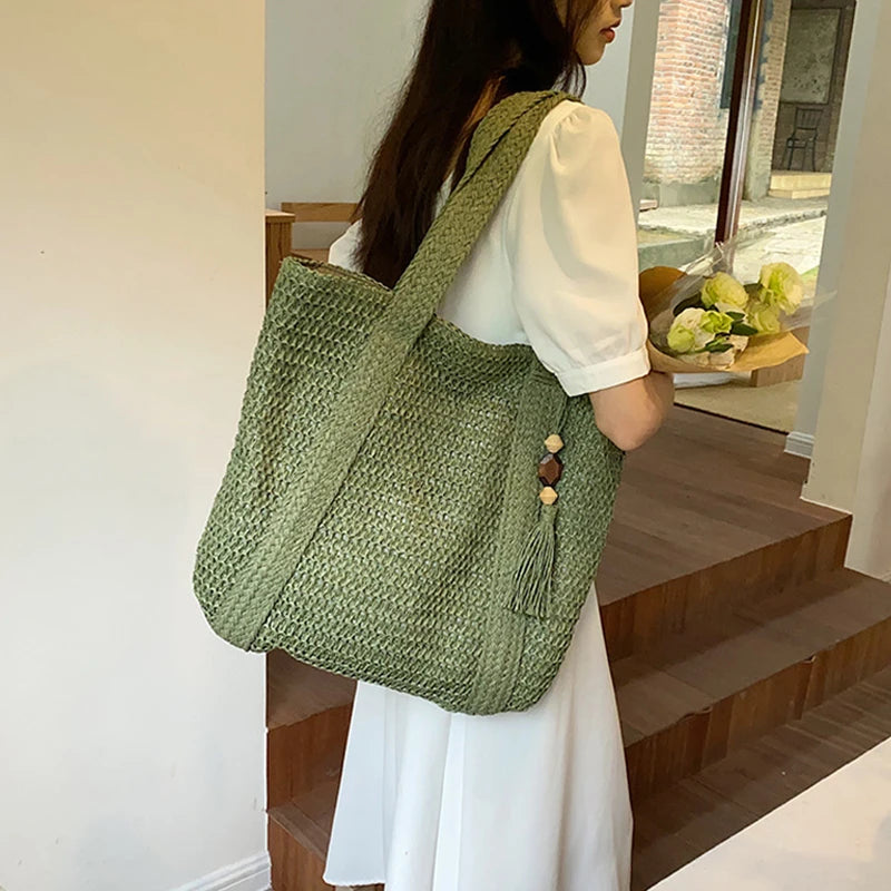 Design Straw Woven Tote Bag Casual Large Capacity Tassel Handbags