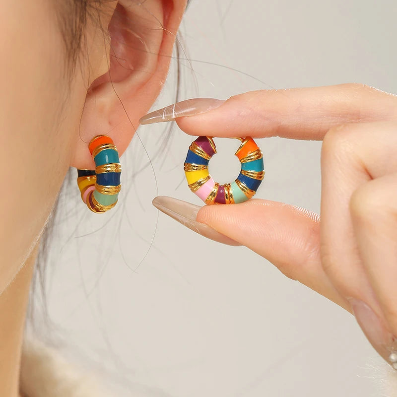 Retro Color Enamel Round Gold Color Ear Buckle Hoop Earrings