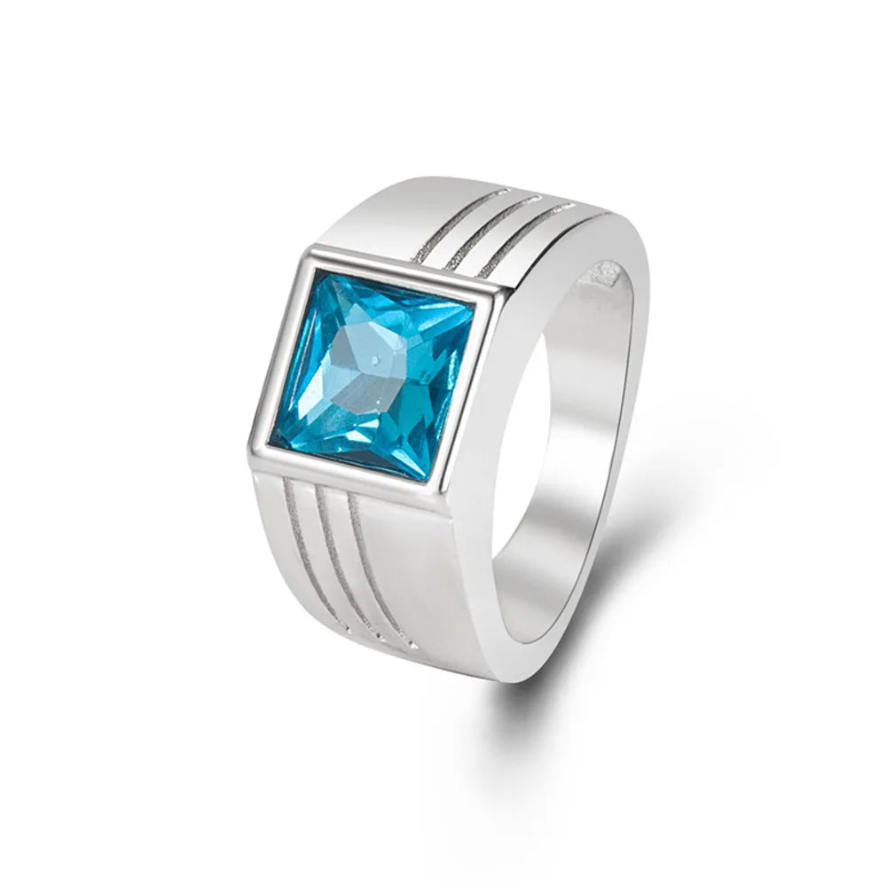 Trendy Men's Ring Blue Topaz Sterling Silver Finger Ring Fashion