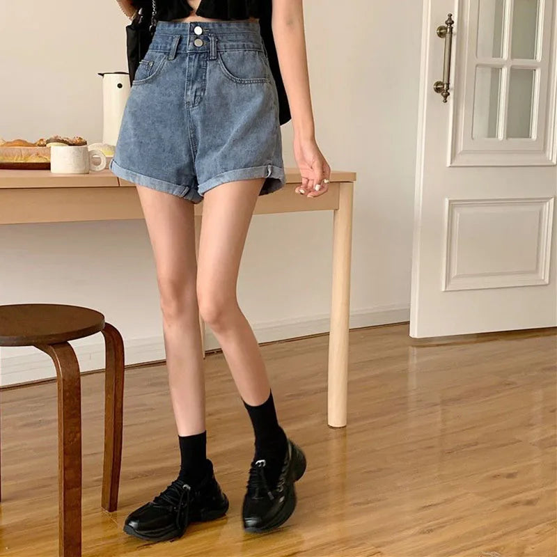 Summer Women Wide Leg Jeans Shorts High Waist Buttons