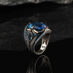 Vintage Oval Inlaid Blue Zircon Stones Men Rings