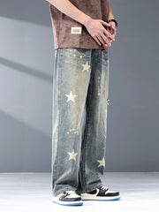Star Print Design Men's Jeans Cotton Straight Denim Pants Style Streetwear