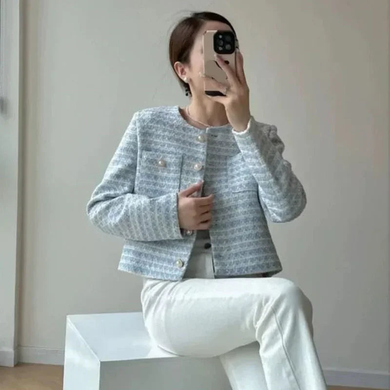 Women Tweed Coat Fashion Single Breasted Cropped Jacket