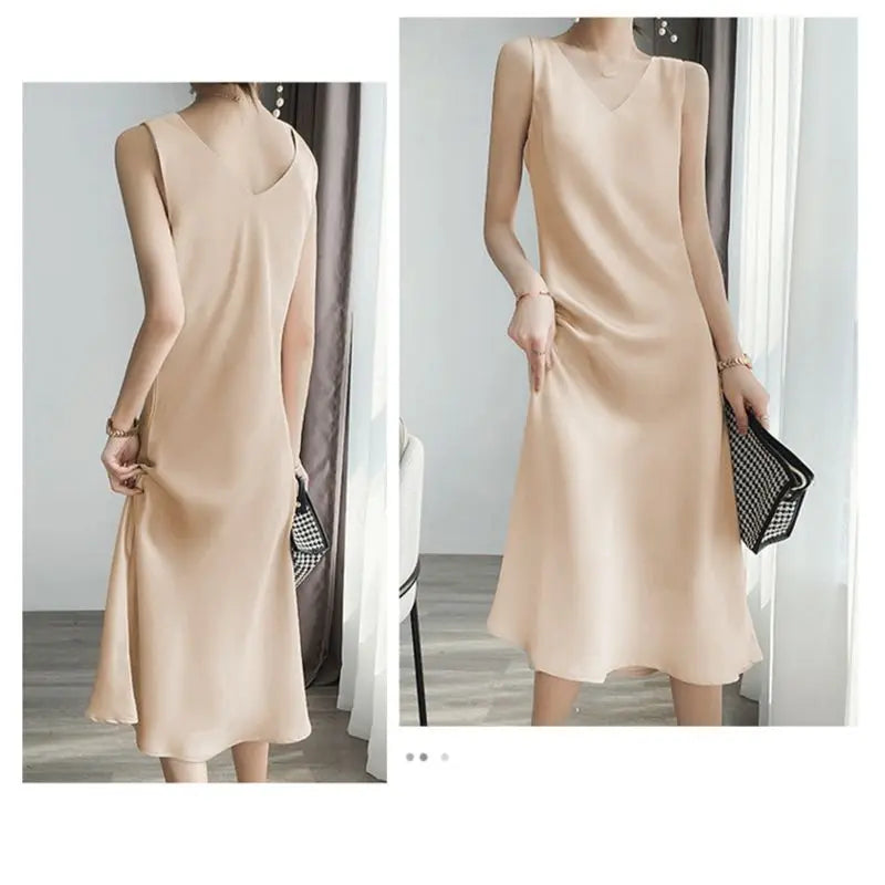 V-Neck Sleeveless Satin Party Long Maxi Dress Casual Sundress