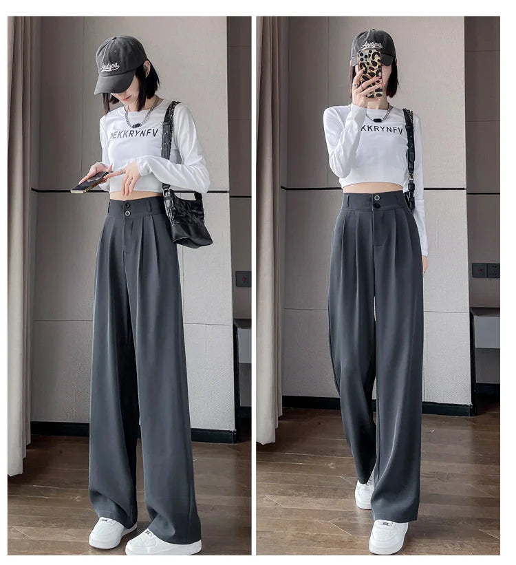 Women'S Loose High Waist Wide Legs Slim Casual Trousers