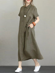 Linen Vintage Casual Loose Lapel Short-sleeved Dress