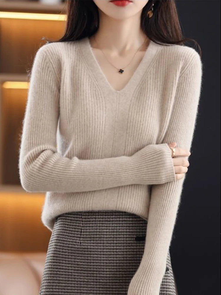 Women Wool V-neck Sweater Jumpers Solid Pullovers Tops