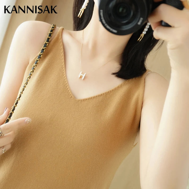 Knitted Camis Women Tops Loose V-neck Sleeveless