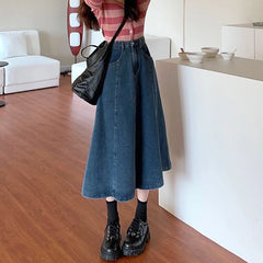 High Waist Retro Blue Denim A-Line Long Skirt