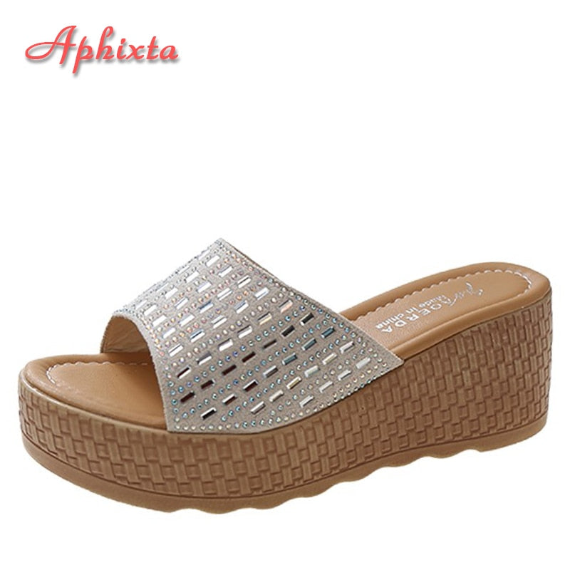 Crystals Summer 6cm Grain Wedge Heels Slippers