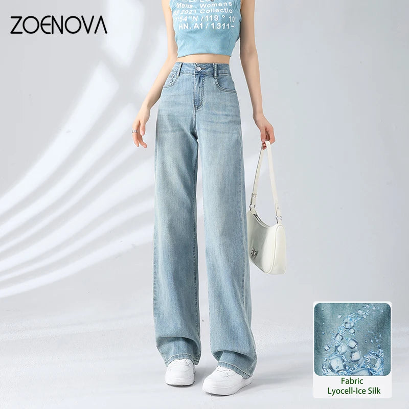 Retro Street Wide Leg Jeans Thin High Waist Loose Simple Length Pants