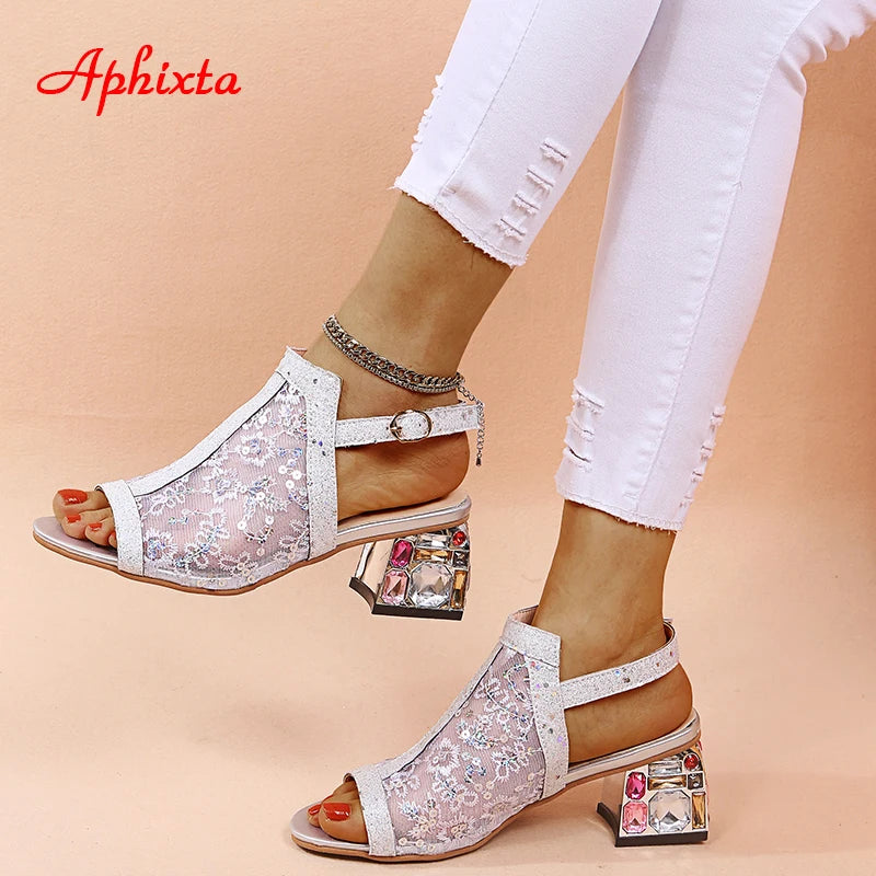 Air Mesh Colorful Diamonds Square Heel Sandals Peep Slippers