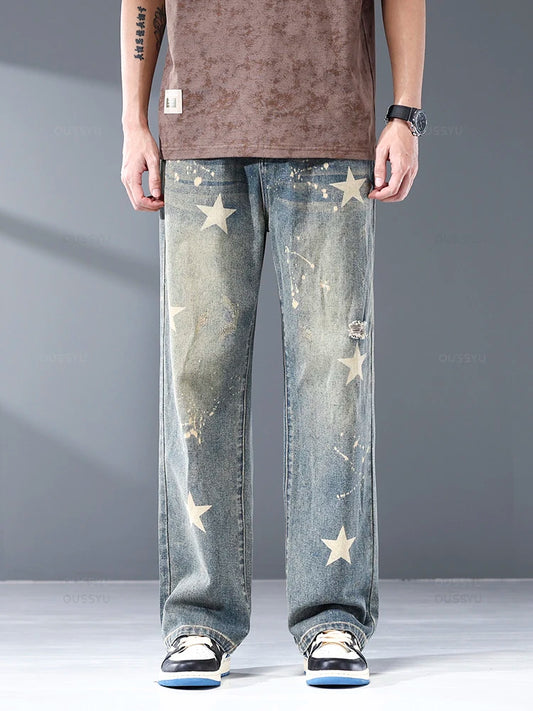 Star Print Design Men's Jeans Cotton Straight Denim Pants Style Streetwear