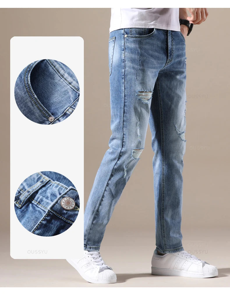 Men Jeans Slim Fit Skinny Denim Elastic Ripped Hole Pant