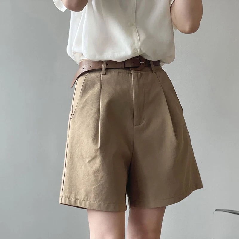 Belt Pure Cotton High Waist Wide Leg A Line Suit Shorts